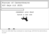 Furrier of Canterthwaite 420 days old (RIP) remember your dead hatch a new one this is my child after they overdosed on weed drugs. still think the devils lettuce is cool?