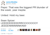 Lance Bradley @Lance_Bradley Pepsi: That was the biggest PR blunder of the week, year maybe. United: Hold my beer. Sean Spicer: JEEEENNNNNNKINS! RETWEETS LIKES 25,663 42,983 ..R3. . T ·池 2:29 PM- 11 Apr 2017