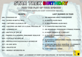 STAR TREK BIRTHDAY FIND THE PLOT OF YOUR EPISODE ONE OR MORE REGULAR CAST MEMBERS [SAR MONTH LAST NUMBER IN YEAR JAN POSSESSED BY FEB LOCKED IN BATTLE WITH MAR CAPTURED (ILLEGALLY) BY APR CAPUTRED (AS PART OF A LEGAL PROCESS) BY 4 A COMPUTER MALFUNCTION MAY STRANDED BY JUN UNSTUCK IN TIME BY JUL TRAPPED IN A BIZARRE, IMAGINARY REALM BY 7- A FELLOW CREWMEMBER'S SCIENCE AUG PYSICALLY ALTERED BY SEP - MENTALLY/PSYCHOLOGICALLY ALTERED BY OCT IN LOVE WITH NOV - ENLISTED BY DEC - WEIRDLY INTERESTED IN 1 - AN UNKNOWN SPACE PHENOMENON 2 A HOSTILE ALIEN RACE 3 A WELL-MEANING ALIEN RACE 5 - AN INDIVIDUAL POSSESSING STRANGE POWERS 6 A SHADY BRANCH OF STARFLEET EXPERIMENT 8 A HITHERTO-UNMENTIONED FRIEND, COLLEAGUE OR RELATIVE 9 - A CULTURE BASICALLY IDENTICAL TO HUMANITY BUT FOR ONE DRASTIC SOCIETAL QUIRK O- THAT DARN GUL DUKAT FROM "...A SUMMARY OF EVERY STAR TREK EPISODE. BY YAHTZEE CROSHAW