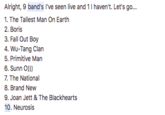 Alright, 9 band's I've seen live and 1I haven't. Let's go 1. The Tallest Man On Earth 2. Boris 3. Fall Out Boy 4. Wu-Tang Clan 5. Primitive Man 7. The National 8. Brand New 9. Joan Jett & The Blackhearts 10. Neurosis