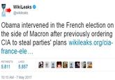 WikiLeaks e @wikileaks Obama intervened in the French election on the side of Macron after previously ordering CIA to steal parties' plans wikileaks.org/cia france-ele.. RETWEETS LIKES 5,811 5,857 ー矗ぞ 10:15 AM -7 May 2017