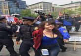 Brittany Venti, alt-right troll affiliated hate group ProudBoys, went to disrupt the free speech of immigrants & workers at May 1st 2017 May Day protest in Union Square, New York City. She was arrested for assault 