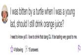 I was bitten by a turtle when I was a young lad, should I still drink orange juice? I need to know ya'll. 1 love to drink that dang OJ. It be tasting very good to me. 4 following 15 answers