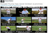 Brad Ripka @WaltThatcher Donald Trump has never broken a promise #WithFewExceptions Drain the swamp Stay out of Syria Bring back coal jobs Make Mexico buy the wall Enact term limits Stay out of Afghanistan Defeat ISIS in Repeal & replace Not take