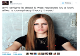 Follow @givenchyass avril lavigne is dead & was replaced by a look alike: a conspiracy theory thread RETWEETS LIKES 阖噠重 100 103,585 164,425