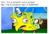 Mocking Spongebob Him: "It's a romphim not a romper Me: "ITS A rOmphlm NoT A RoMPeR!"