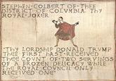 This found piece of Bayeux Tapestry depicts "Thy Royal Joker" Stephen Colbert talking about King Donald Trump I's (The First's) 2 ice cream scoops. An Unseen part of this Bayeux Tapestry is rumored to have said "This is among all disgusting action of our Tyrant of a king, and shall lead to the removal of his crown."