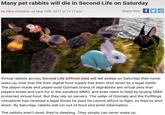 Many pet rabbits will die in Second Life on Saturday By Alice O'Connor on May 19th, 2017 at 10:17 pm Share this: 2 Virtual rabbits across Second Life [official site] will fall asleep on Saturday then never wake up, now that the their digital food supply has been shut down by a legal battle. The player-made and player-sold Ozimals brand of digirabbits are virtual pets that players breed and care for in the sandbox MMO, and even need to feed by buying DRM- protected virtual food. But they rely on servers. The seller of Ozimals and the Pufflings virtuabirds has received a legal threat he says he cannot afford to fight, so they've shut down. By Saturday, rabbits will run out of food and enter hibernation. The rabbits aren't dead, they're sleeping. They simply can never wake up.
