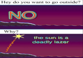 Hey do you want to go outside? NO Why? the sun is a deadly lazer