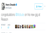| Harry Cheadle + Follow | @HCheadle congratulations @Mobute on his new gig at Reason RETWEET LIKES 1 17