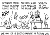 XKCD #735: Floor IVE DINAMITED A TRENCH MORE HOSES! WE NEED WHERE ARE THROUGH THE KITCHEN TO COOL AND SOLIDIFY THE DAMN To DIVERT THE FLOW! THE SURFRCE LAYER! HELICOPTERS? LIKE MANY KIDS, WE SOMETMES PRETENDED THE FLOOR WAS LAVA.