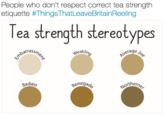 People who don't respect correct tea strength etiquette #ThingsThatLeaveBritainReeling Tea strength stereotypes oarrass% eakli erage Badasc enegad/, orthern