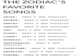 THE ZODIAC'S FAVORITE SONGS ARIES:WHAT'S NEW PUSSYCAT TAURUS:WHAT'S NEW PUSSYCAT GEMINIWHAT'S NEW PUSSYCAT CANCER:WHAT'S NEW PUSSYCAT LEO: WHAT'S NEW PUSSYCAT VIRGO: WHAT'S NEW PUSSYCAT LIBRA: WHAT'S NEW PUSSYCAT SCORPIO IT'S NOT UNUSUAL SAGITTARIUS: WHAT'S NEW PUSSYCAT CAPRICORN: WHAT'S NEW PUSSYCAT AQUARIUSWHAT S NEW PUSSYCAT PISCES WHAT'S NEW PUSSYCAT
