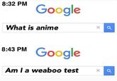 8:32 PM Google What is anime 8:43 PM Google Am I a weaboo test x