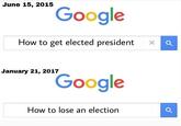 June 15, 2015 Google How to get elected president × January 21, 2017 Google How to lose an election