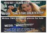 "share" if ur sick of this media bias against John Dowland (1563-1626)! -puts out 1 album every 3 years
-media:"omg she's the greatest"
-Writes TWO HUNDRED pieces for lute
-media: "Who???????"