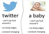 twitter /a baby - can't say f--- around it - can't say f--- around it - no sharp edges no sharp edges - constant changing - constant changing