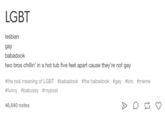 LGBT lesbian gay babadook two bros chillin' in a hot tub five feet apart cause they're not gay #the real meaning of LGBT #babadook #thebabadook #gay #bro #meme #funny #babussy #mypost 46,640 notes Hot tub text font product line