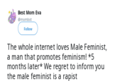 Best Mom Eva @mombot Follow The whole internet loves Male Feminist, a man that promotes feminism! *5 months later* We regret to inform you the male feminist is a r-----