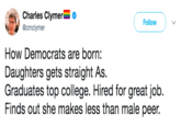 Charles Clymer @cmclymer Follow How Democrats are born: Daughters gets straight As Graduates top college. Hired for great job. Finds out she makes less than male peer.