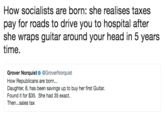 How socialists are born: she realises taxes pay for roads to drive you to hospital after she wraps guitar around your head in 5 years time. Grover NorquistGroverNorquist How Republicans are born... Daughter, 8, has been savings up to buy her first Guitar. Found it for $35. She had 35 exact. Then..sales tax