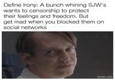 Define Irony Define Irony: A bunch whining SJW's wants to censorship to protect their feelings and freedom. But get mad when you blocked them on social networks DANKLAND