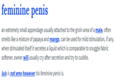 feminine penis an extremely small appendage usually attached to the groin area of a male. often smells like a mixture of papaya and mango. can be used for mild stimulation, if any. when stimulated itself it secretes a liquid which is comparable to snuggle fabric softener. owner will usually cry after secretion and try to cuddle. luis is not emo however his feminine penis is.
