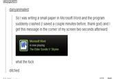 danyanimated So I was writing a small paper in Microsoft Word and the program suddenly crashed (I saved a couple minutes before, thank god) and I get this message in the corner of my screen two seconds afterward Microsoft Word is now playing The Elder Scrolls V: Skyrim what the f--- ditched