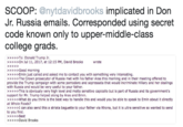 SCOOP: @nytdavidbrooks implicated in Don Jr. Russia emails. Corresponded using secret code known only to upper-middle-class college grads. To: Donald Trump Jr >>>>On Jul 11, 2017, at 12:15 PM, David Brooks wrote >>>>Emin just called and asked me to contact you with something very interesting >The Crown prosecutor of Russia met with his father Aras this morning and in their meeting offered to provide the Trump campaign with some pomodoro and sopressata that would incriminate Hillary and her dealings with Russia and would be very useful to your father >>>>>This is obviously very high level and molto sensitivo capicollo but is part of Russia and its government's support for Mr. Trump helped along by Aras and Emin. >>>>>What do you think Is the best way to handle this and would you be able to speak to Emin about it directly at Whole Foods? >>>> can also send this a striata baguette to your father via Rhona, but it is ultra sensitive so wanted to send to you first. Best >>David Brooks