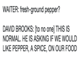WAITER: fresh-ground pepper? DAVID BROOKS: [to no one] THIS IS NORMAL. HE IS ASKING IF WE WOULD LIKE PEPPER, A SPICE, ON OUR FOOD