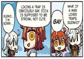 WHAT IF A MAN LOVES TRAPS LIKING A TRAP IS OBVIOUSLY GAY. DICK GUDAO...IS SUPPOSED TO BE STRONK, NOT CUTE. I'M SORRY GAY、GUDAKO? Fate/Grand Order Fate/stay night Fate/Apocrypha cartoon comics mammal text vertebrate fictional character fiction