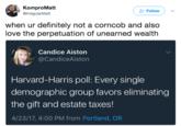 KomproMatt @lrregularMatt when ur definitely not a corncob and also love the perpetuation of unearned wealth Candice Aiston @CandiceAiston Harvard-Harris poll: Every single demographic group favors eliminating the gift and estate taxes! 4/23/17, 4:00 PM from Portland, OR
