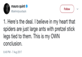Spiders are Large Ants maura quinto @behindyourback Follow 1. Here's the deal. I believe in my heart that spiders are just large ants with pretzel stick legs tied to them. This is my OWN conclusion. 6:49 PM-7 Aug 2017