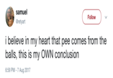 Pee Is In The Balls samuel @retyart Follow i believe in my heart that pee comes from the balls, this is my OWN conclusion 6:59 PM - 7 Aug 2017