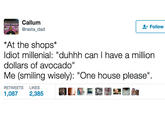 Callum @rasta dad Follow At the shops* ldiot millenial: "duhhh can I have a million dollars of avocado Me (smiling wisely): "One house please" RETWEETS LIKES 1,087 2,385