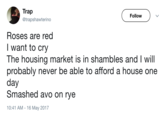 Trap @trapshawterino Follow Roses are red I want to cry The housing market is in shambles and I will probably never be able to afford a house one day Smashed avo on rye 10:41 AM -16 May 2017