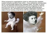 When progressive organizations insist on reforming the capitalist system towards socialism from within thus setting the working class up for a losing battle against the capitalist class, the latter of which will use its dominant social position to gut any progressive reforms and force the former to expend political energy defending basic concessions, all in all keeping the socdem organization locked in a state of never-ending compromise with the production autocrats