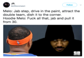 JR. Follow JRNonchalant Melo: Jab step, drive in the paint, attract the double team, dish it to the corner. Hoodie Melo: F--- all that, jab and pull it from 30. SB NATION