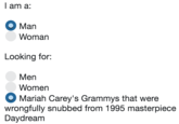 l am a: O Man Woman Looking for: Men Women O Mariah Carey si drom 1995 masterpiece wrongfully snubbed from 1995 masterpiece Daydreanm Grammys that were