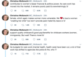 Christina Wolbrecht @CWolbrecht 24h contributes to women's lesser financial & politics power. As care work has moved into the market, it remains poorly paid & overwhelmingly 3/ 35 t 848 8.5K Christina Wolbrecht @C_Wolbrecht 24h female, which again makes women more vulnerable. We ,to laud a woman "cradling her child" but don't provide paid maternity leave or 5/ Christina Wolbrecht @C_Wolbrecht 24h support quality childcare & good pay/benefits for childcare workers (women, immigrants). But wait! There's more! 6/ 25 t 928 9.6K Christina Wolbrecht @C_Wolbrecht 24h As budgets for care work (mental health, health care) have been cut, a lot of that work has shifted to agencies like police & fire, who 7/ 19ti 716 7.7K