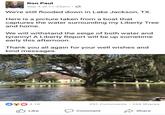 Ron Paul Sep 4 at 11:35am . We're still flooded down in Lake Jackson, TX. Here is a picture taken from a boat that captures the water surrounding my Liberty Tree and home. We will withstand the seige of both water and tyranny! A Liberty Report will be up sometime early this afternoon. Thank you all again for your well wishes and kind messages. 00 4.1K 291 Comments 244 Shares Like Comment Share