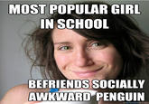 MOST POPULAR GIRL IN SCHOOL BEFRIENDS SOCIALLY AWKWARD PENGUIN quickmeme.com