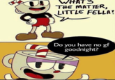 THE MATTER, LITTLE FELLA? Do you have no gf goodnight?