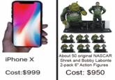 About 50 original NASCAR Shrek and Bobby Labonte 2-pack 6" Action Figures iPhone X Cost:$999 Cost: $950