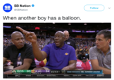 SB Nation @SBNation SB Follow NATION When a nother boy nas a balloon ISSOT ETISSOT AIDER ABUE SERVED VED BOS 20 LAL 24 2nd 5:51 24 MGM RESORTS NBA SUMMER LEAGUE TIMEOUTS:1 TIMEOUTS: 2 UFC WNBA SOCCER BASKETBALL NEWSESPN APP THE LEAD ESrT