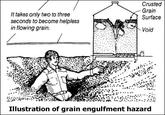 Crusted Grain Surface It takes only two to three seconds to become helpless in flowing grain Void Illustration of grain engulfment hazard