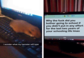 "Why the f--- did you bother going to school if you didn't put in any effort for the last two years of your schooling life lmao" Why the f--- did you bother going to school if you didn't put in any effort for the last two years of your schooling life Imao Oh i wonder what my hamster will type