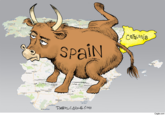 

"I’ve drawn lots of peeing dog cartoons. One of my favorite oldies is George W. Bush as a dog marking his territory around the world. So naturally I wanted to draw a bull, as Spain, peeing on Catalonia. The problem is, that on the map, Catalonia is in the upper right hand corner of Spain, and for the Spanish bull to pee on Catalonia I would have to have the Spain-Bull stand in France, which doesn’t make much sense. The bull could be standing up to pee, in an arc up to Catalonia, but that’s a little nasty. We have a new “no penises” policy here at Cagle Cartoons, which means that strategic parts of the bull have to be concealed.

So I settled on the doggie style leg up peeing, with the map of Spain in perspective and the pee puddle above the bull. I know that’s a stretch."