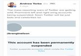 Andrew Torba seeks to make Twitter a social media wasteland Andrew Torba @a PRO 4 days The mass reporting wars of Twitter are getting wild. Prominent left and right wing accounts being suspended. Soon Twitter will be just bots and celebrities lol Dkrangtnelson This account has been permanently suspended Twitter suspends accounts which violate the Twitter Rules