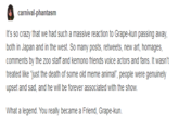 carnival-phantasm It's so crazy that we had such a massive reaction to Grape-kun passing away both in Japan and in the west. So many posts, retweets, new art, homages, comments by the zoo staff and kemono friends voice actors and fans. It wasn't treated like just the death of some old meme animal", people were genuinely upset and sad, and he will be forever associated with the show. What a legend. You really became a Friend, Grape-kun